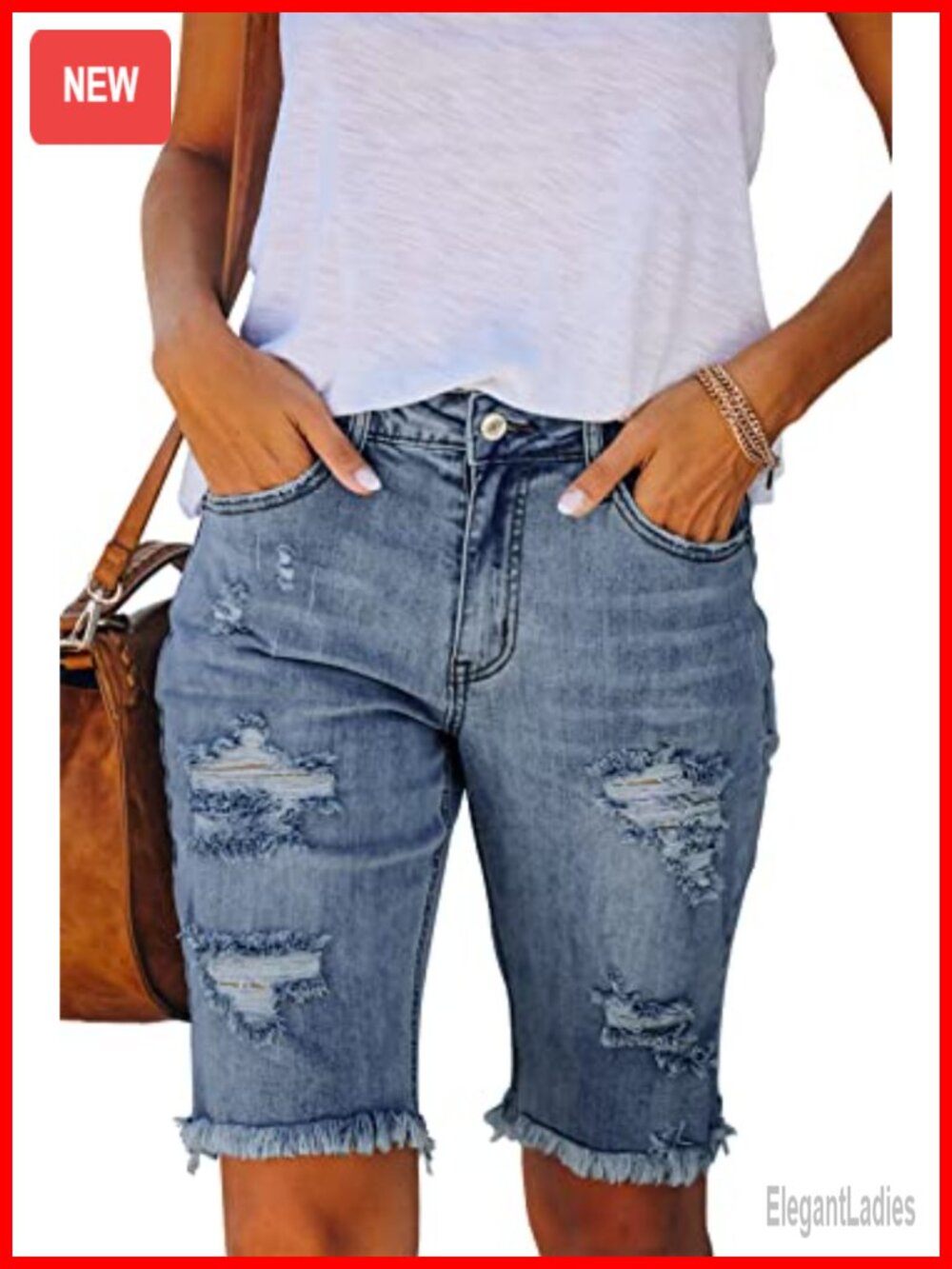 Women's Ripped Denim Bermuda Shorts Mid-Rise Stretchy 10-inch Inseam Summer